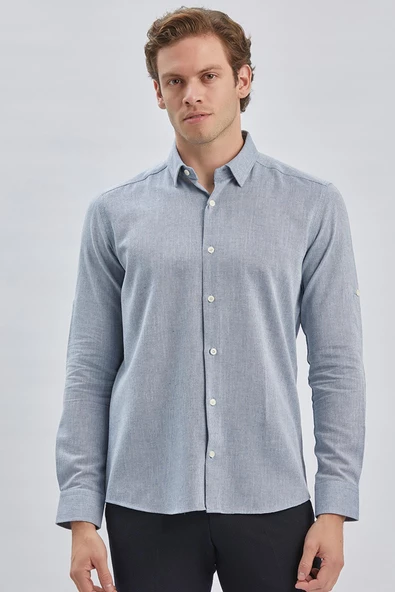 Mavi Uzun Kol Kendinden Desenli Armürlü Yarım İtalyan Yaka Classic Slim Fit Gömlek 1004240250 ürün görseli 1