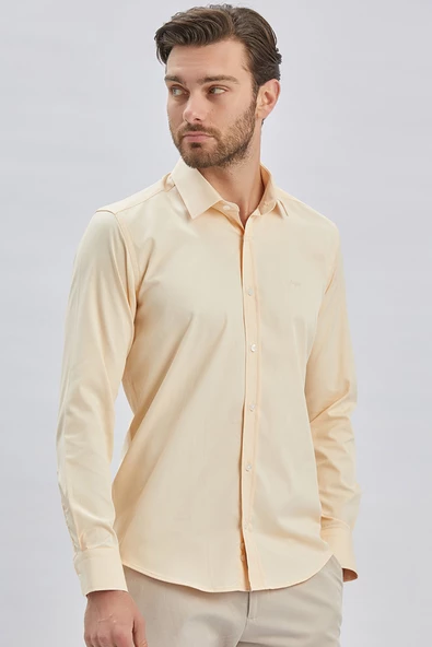 Bej Uzun Kollu Cepsiz Pamuklu Likralı Klasik Slim Fit Gömlek 1004240234 ürün görseli 1