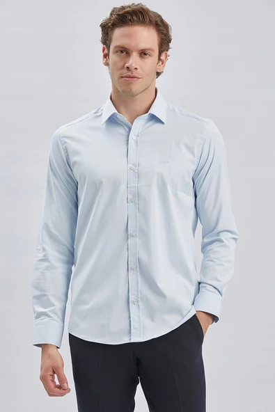 Mavi Uzun Kollu Cepsiz Pamuklu Likralı Klasik Slim Fit Gömlek 1004240234 ürün görseli 1