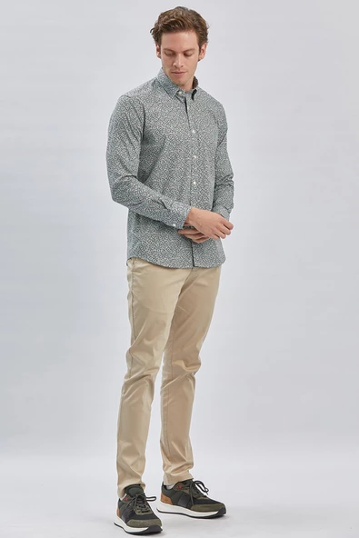 Yeşil Uzun Kollu Baskılı Biritli Yaka Cepsiz Pamuklu Klasik Slim Fit Gömlek 1004240215 ürün görseli 1