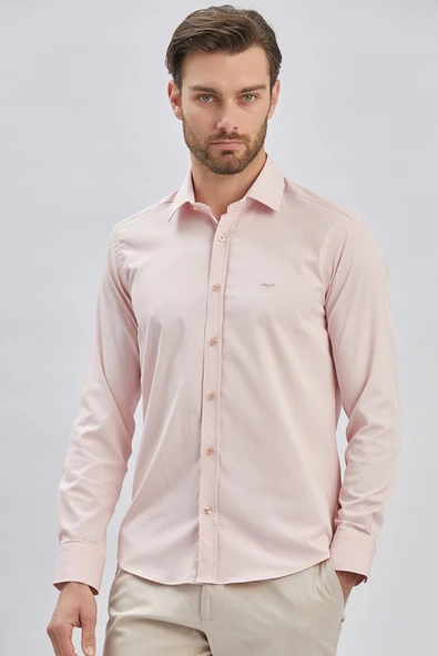 Pembe Uzun Kollu Cepsiz Pamuklu Likralı Klasik Slim Fit Gömlek 1004240234 ürün görseli 1