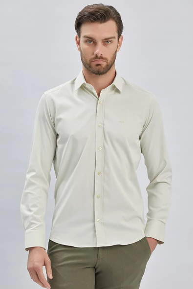 Krem Rengi Uzun Kollu Cepsiz Pamuklu Likralı Klasik Slim Fit Gömlek 1004240234 ürün görseli 1