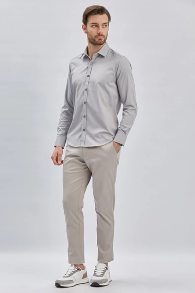 Gri Uzun Kollu Cepsiz Pamuklu Likralı Klasik Slim Fit Gömlek 1004240234 ürün görseli 1