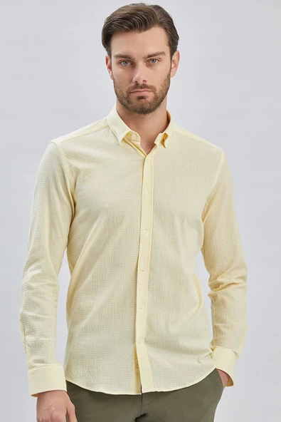 Sarı Uzun Kollu Biritli Yaka Biyeli Pamuklu Likralı Casual Slim Fit Gömlek 1004240232 ürün görseli 1