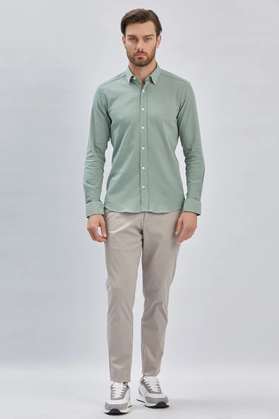 Yeşil Uzun Kollu Biritli Yaka Biyeli Pamuklu Likralı Casual Slim Fit Gömlek 1004240232 ürün görseli 1