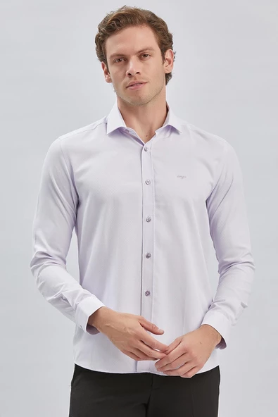 Mor Uzun Kol Kendinden Desenli Armürlü Yarım İtalyan Yaka Classic Slim Fit Gömlek 1004240250 ürün görseli 1