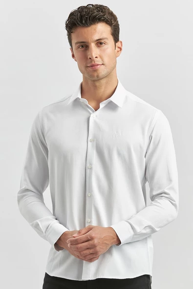 Beyaz Uzun Kol Kendinden Desenli Armürlü Sert Yaka Classic Slim Fit Gömlek 1004245153 ürün görseli 1