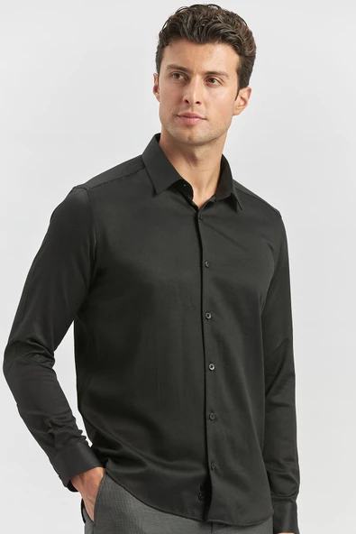 Siyah Uzun Kol Kendinden Desenli Armürlü Sert Yaka Classic Slim Fit Gömlek 1004245153 ürün görseli 1
