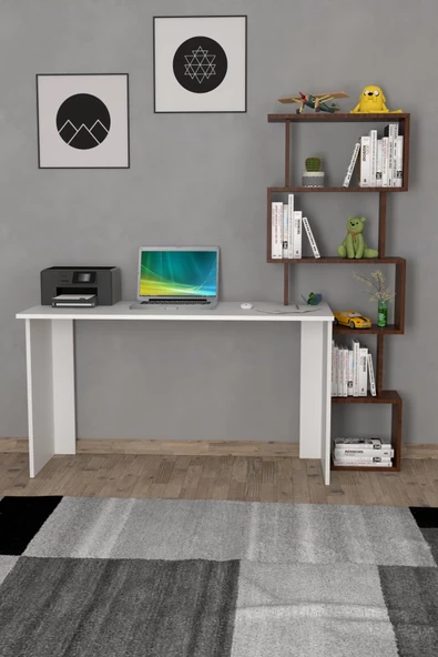 Moonlife Yakamoz Kitaplıklı Çalışma Masası Beyaz Ceviz ürün görseli 1