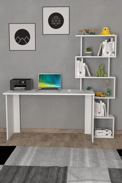 Moonlife Yakamoz Kitaplıklı Çalışma Masası Beyaz ürün görseli 1