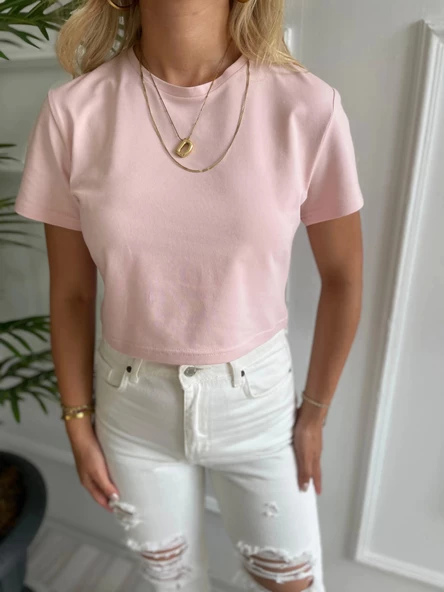 Kadın Basic Crop Tshirt Pembe - Resim 4