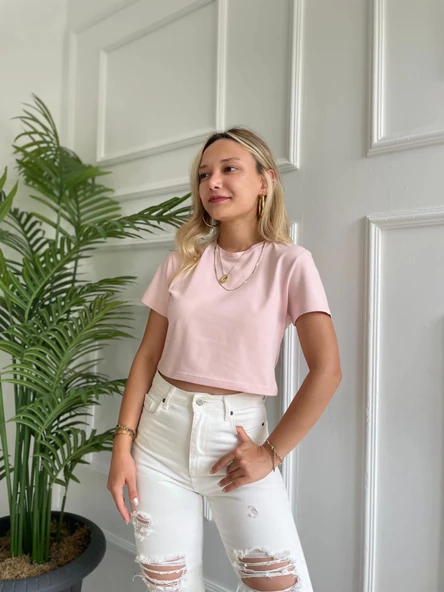 Kadın Basic Crop Tshirt Pembe - Resim 3