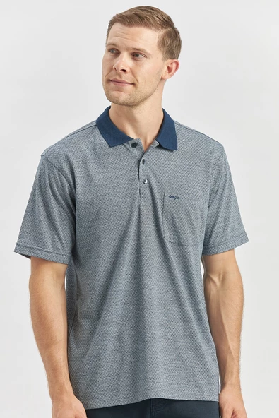 Lacivert Kısa Kol Kendinden Desenli Jakarlı Polo Yaka Classic Comfort Fit Tişört 1011240190 ürün görseli 1