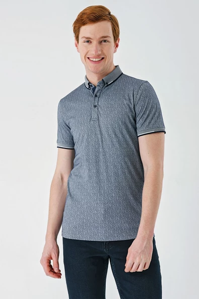 Lacivert Baskılı Oxford Düğmeli Yaka Cepli Pamuklu Casual Slim Fit Dar Kesim Tişört 1011240177 ürün görseli 1