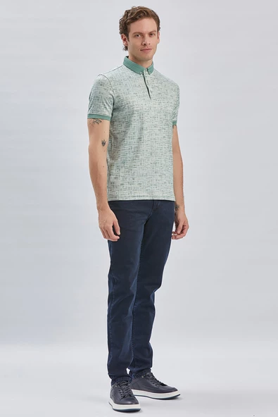 Yeşil Desenli Merserize Düğmeli Yaka Pamuklu Casual Slim Fit Dar Kesim Tişört 1011240160 ürün görseli 1