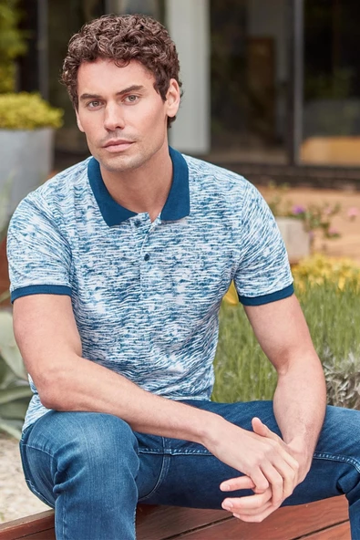 Lacivert Baskılı Pike Polo Yaka Garnili %100 Pamuk Casual Slim Fit Dar Kesim Tişört 1011240157 ürün görseli 1