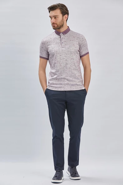 Mor Desenli Merserize Düğmeli Yaka Pamuklu Casual Slim Fit Dar Kesim Tişört 1011240160 ürün görseli 1