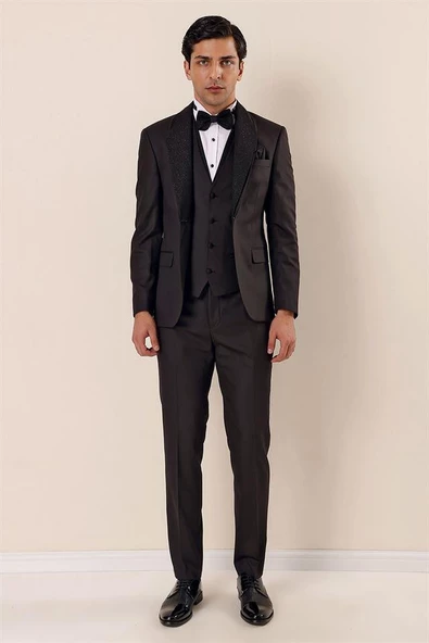 Siyah Desenli Yelekli 6 Drop Slim Fit Smokin Damatlık Takım 1001230203 ürün görseli 1