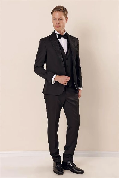 Siyah Desenli Çıkarılabilir Şal Yaka Yelekli 6 Drop Slim Fit Smokin Damatlık Takım 1001230210 ürün görseli 1