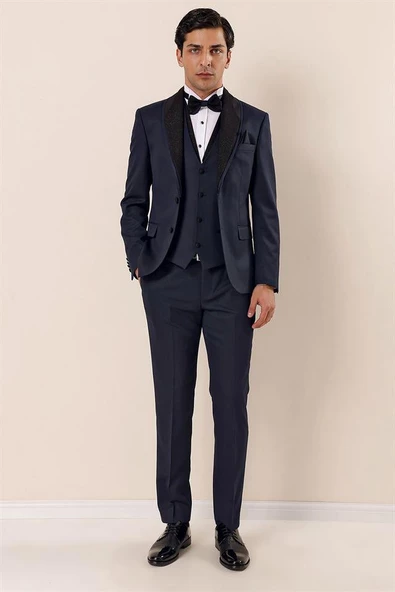 Lacivert Desenli Yelekli 6 Drop Slim Fit Smokin Damatlık Takım 1001230204 ürün görseli 1