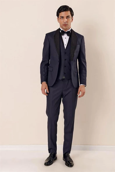 Lacivert Desenli Yelekli 6 Drop Slim Fit Smokin Damatlık Takım 1001230203 ürün görseli 1