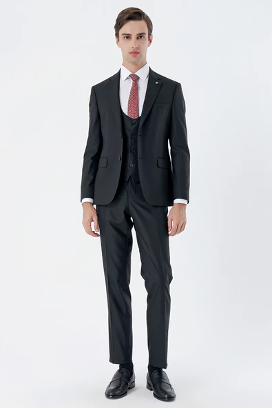 Siyah Mono Yaka Yelekli 6 Drop Slim Fit Tam Astar Esnek Takım Elbise 1001240186 ürün görseli 1
