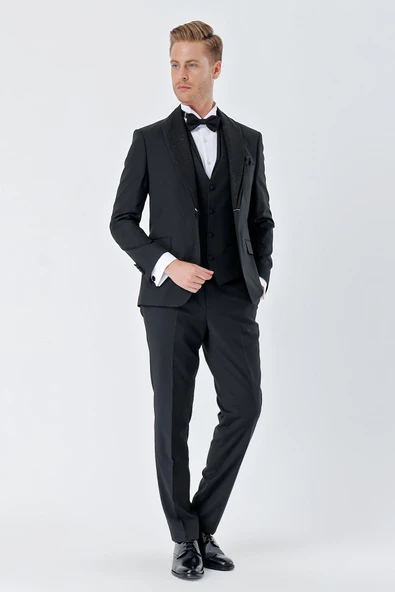 Siyah Çizgili Çıkarılabilir Şal Yaka Yelekli 6 Drop Slim Fit Smokin Damatlık Takım 1001230212 ürün görseli 1