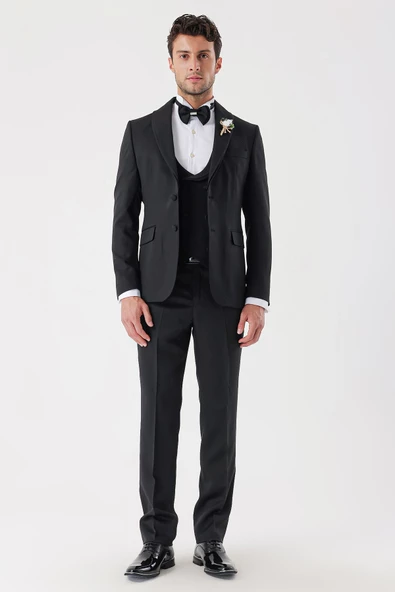Siyah Desenli Armürlü Kruvaze 6 Drop Slim Fit Smokin Damatlık Takım 1001230214 ürün görseli 1