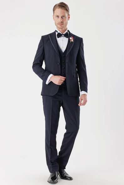 Lacivert Armürlü Çıkarılabilir Mono Yaka Yelekli 6 Drop Slim Fit Smokin Damatlık Takım 1001230202 ürün görseli 1
