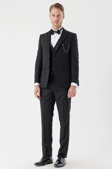 Siyah Armürlü Çıkarılabilir Mono Yaka Yelekli 6 Drop Slim Fit Smokin Damatlık Takım 1001230202 ürün görseli 1