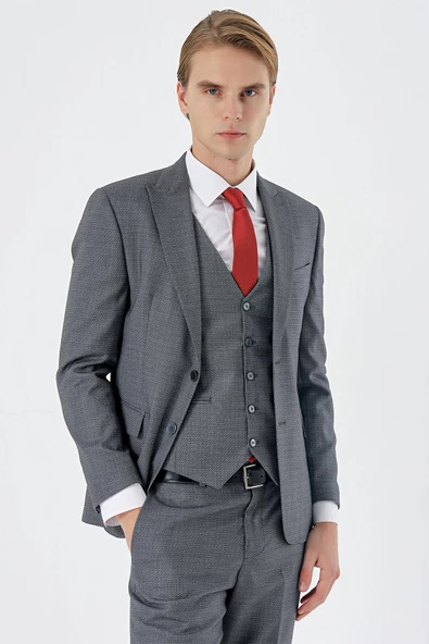 Füme Kırlangıç Yaka Yelekli 6 Drop Slim Fit Tam Astar Takım Elbise 1001235177 ürün görseli 1