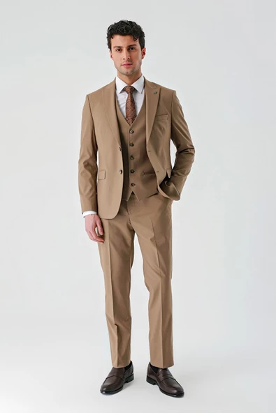 Camel Kırlangıç Yaka Yelekli 6 Drop Slim Fit Tam Astar Esnek Takım Elbise 1001240188 ürün görseli 1