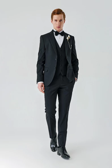 Siyah Çıkarılabilir Mono Yaka Yelekli Likralı 6 Drop Slim Fit Smokin Damatlık 1001240201 ürün görseli 1