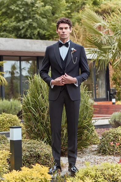 Siyah Çıkarılabilir Kırlangıç Yaka Yelekli Likralı 6 Drop Slim Fit Smokin Damatlık 1001240200 ürün görseli 1