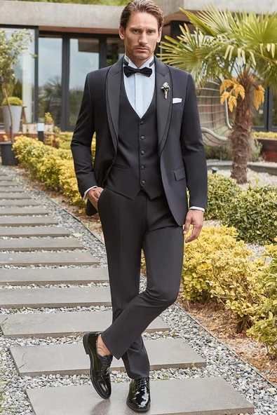 Siyah Çıkarılabilir Şal Yaka Yelekli Likralı 6 Drop Slim Fit Smokin Damatlık 1001240203 ürün görseli 1
