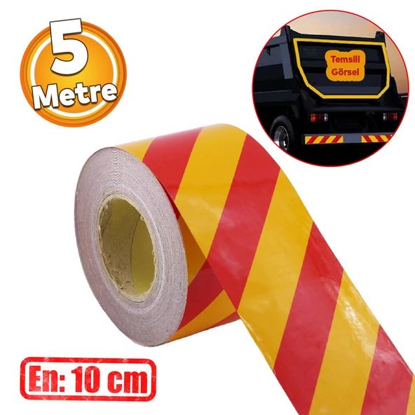 Reflektörlü Yapışkanlı Parlayan Fosfor Sarı Kırmızı 5 Mt Reflektif Düz Şerit Bant 10 cm İkaz Bandı ürün görseli 1