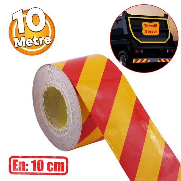 Reflektörlü Yapışkanlı Parlayan Fosfor Sarı Kırmızı 10 Mt Reflektif Düz Şerit Bant 10 cm İkaz Bandı ürün görseli 1
