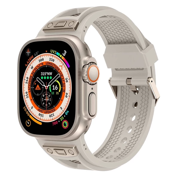 Apple Watch 44mm KRD-117 Hava Alabilen Delikli Metal Süslemeli Desenli Silikon Kordon ürün görseli 1
