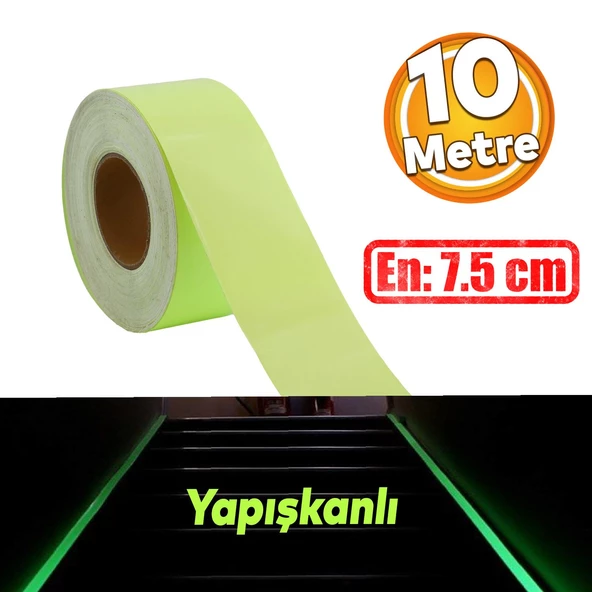 Fotolümen Gece Parlayan 7.5 cm Yeşil Reflektörlü Fosforlu Reflektif Düz Şerit Bant 10 Mt İkaz Bandı ürün görseli 1
