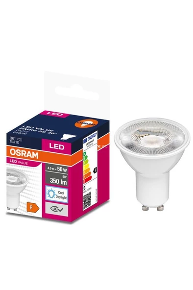 Osram Ledvalue 4,5W (50W) Par16 GU10 Duy Spot Ampul 6500K Beyaz Starter Çanak Lamba ürün görseli 1