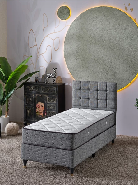 Beehanem Bengü 90x190 Tek Kişilik (BAZA BAŞLIK YATAK) 3 Lü Set (KETEN GRİ) ürün görseli 1