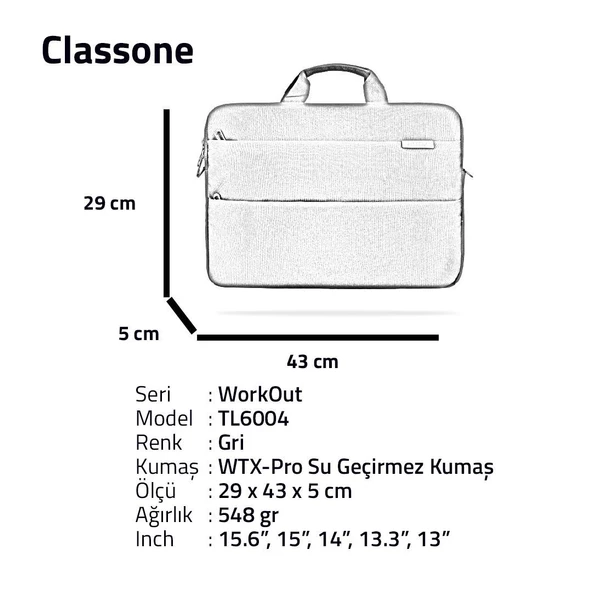 CLASSONE WORKOUT TL6004 15.6'' GRİ NOTEBOOK ÇANTASI - Resim 8