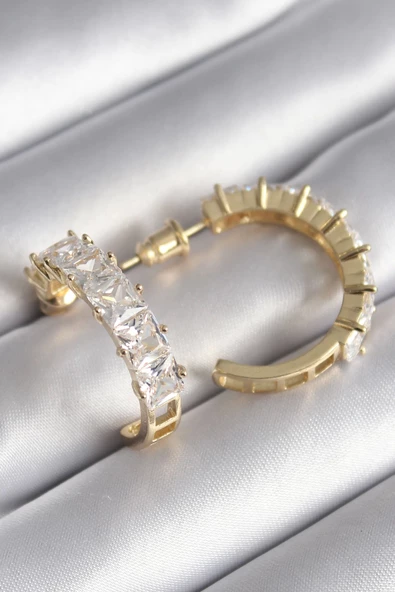 Pirinç Gold Renk Zirkon Taşlı Halka Model Kadın Küpe ürün görseli 1