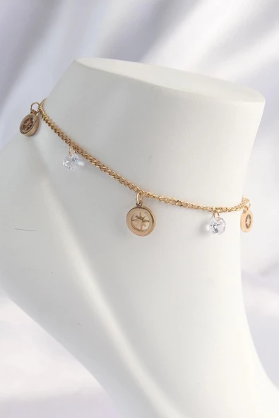 316L Çelik Gold Renk Zirkon Taşlı Yıldızlı Halhal ürün görseli 1