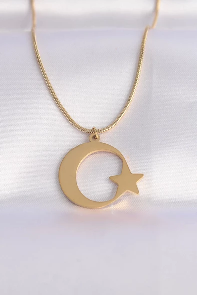 316L Çelik Zincir Gold Renk Ay Yıldız Unisex Kolye ürün görseli 1
