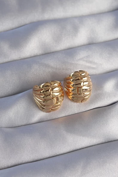 Pirinç Gold Renk Tırtıklı Minimal Bombeli Tasarım Küpe ürün görseli 1