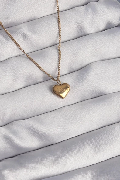 316L Çelik Gold Renk Kalp Model Love Kolye ürün görseli 1