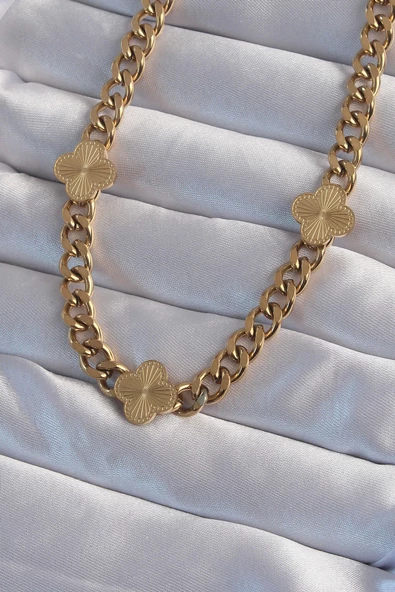 316L Çelik Gold Renk İşlemeli Yonca Model Zincir Kolye ürün görseli 1