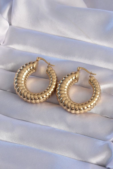 316L Çelik Gold Renk Tırtıklı Halka Küpe ürün görseli 1