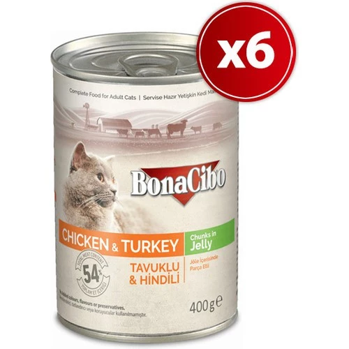 BonaCibo Jöleli Tavuk ve Hindili Yaş Kedi Maması 400 gr x 6 Adet (2.4 Kg) ürün görseli 1